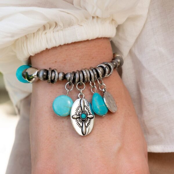 Authentic Apparel - Blue Turquoise Silver Stretchy Bracelet - Paparazzi - Fashion Fix June 2025
